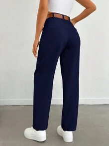 EURMUSE Pantalones rectos, sueltos y plisados de unicolor para uso diario y casual de las mujeres - Azul Marino - Ver 2