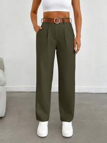 EURMUSE Quần dài đơn sắc xếp ly thẳng rộng rãi thường ngày đi làm hàng ngày cho nữ - xanh quân đội - Xem 6