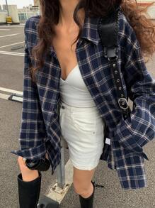 DAZY 复古格子女士休闲落肩长袖单排扣衬衫，秋季，法兰绒女士 - 藏蓝色 - 查看 5