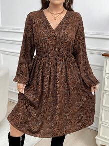 SHEIN LUNE 女士 V 领长袖褶皱休闲短裙感恩节服装女士新年女装冬季连衣裙冬季服装女士狂欢服装 - 彩色 - 查看 5