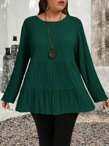 EMERY ROSE Plus Size Solid Color Round Neck Long Sleeve Pleated Minimalist Blouse, Casual Everyday Wear, Autumn&Winter Women Clothes - Dark Green - View 3