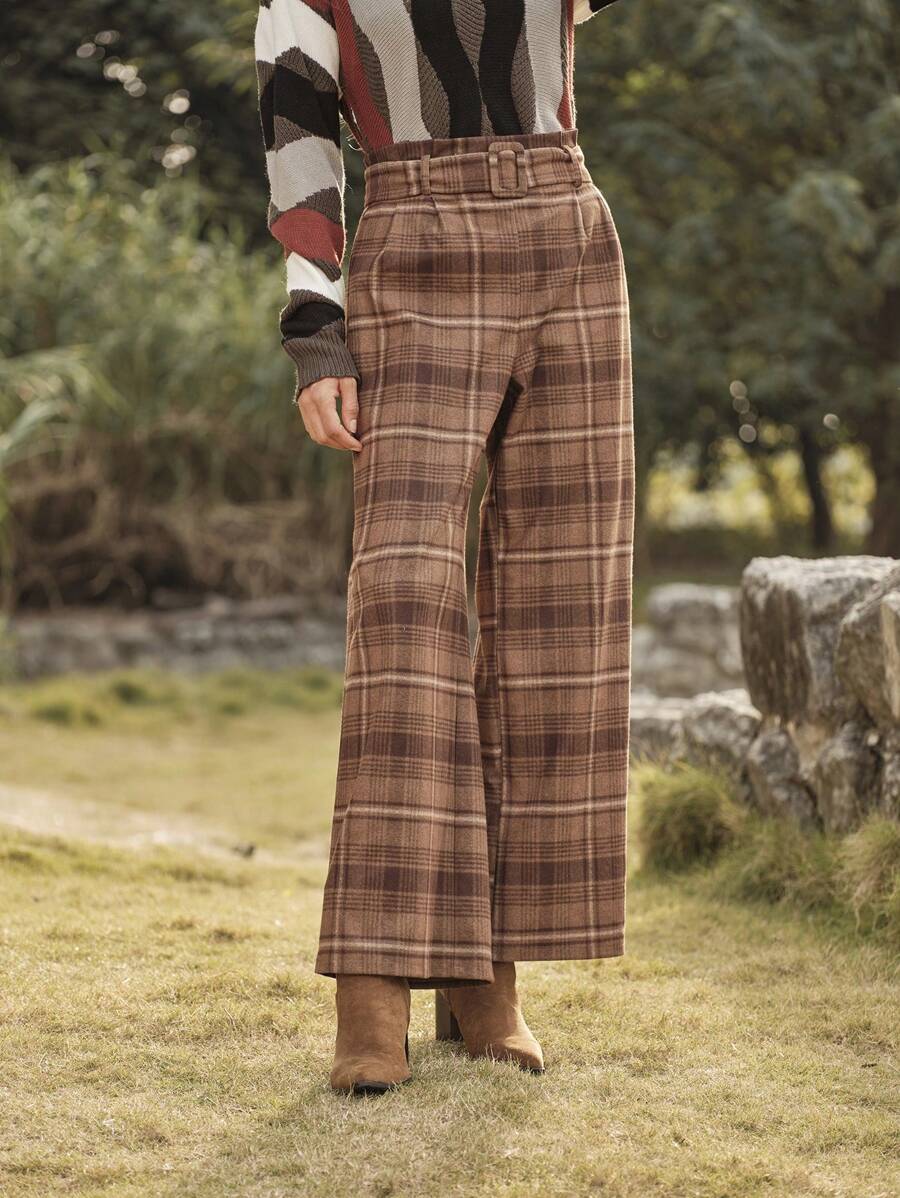 LanaWest Women High Waisted Loose Casual Plaid Printed Straight Leg Pants Fall Cloth For Women - Khaki - View 1