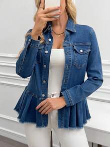 SHEIN LUNE جاكيت جينز كاجوال للنساء، أزرار وحيدة الصدر ، ذات أكمام طويلة وهدب مطوي مناسبة للموسم الخريفي - الأزرق - مشاهدة 4