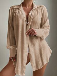 SHEIN Swim Women's Solid Color Front Button Beach Kimono Cover Up Coverup, For Travel & Beach Summer