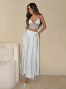 SHEIN ICON Fashionable European Style Satin Low Waist A-Line Bubble Skirt - White - View 3