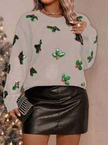 SHEIN Clasi Women's Christmas Knit Crew Neck Sequin Embroidered Basic Pullover Sweater, Anti-Pilling, Elastic, Plus Size, Suitable For Halloween, New Year, Valentine's Day, Thanksgiving, Christmas, Easter, National Day, New Year's Eve Knit Pullover Fall Winter Sweater - Beige - View 3