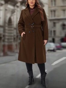 EMERY ROSE 大码女式冬季纯色缺口翻领长袖双排扣口袋优雅羊毛冬季女式大衣 - 咖啡棕 - 查看 3