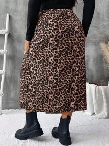 SHEIN VCAY 大码豹纹系带开衩下摆休闲半身裙