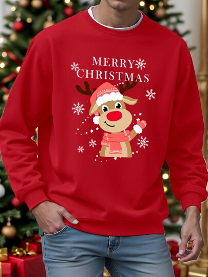 Manfinity Homme Manfinity Christmas Snowflake & Reindeer Family Print Crew Neck Standard Fit Casual Pullover Sweatshirt, Red