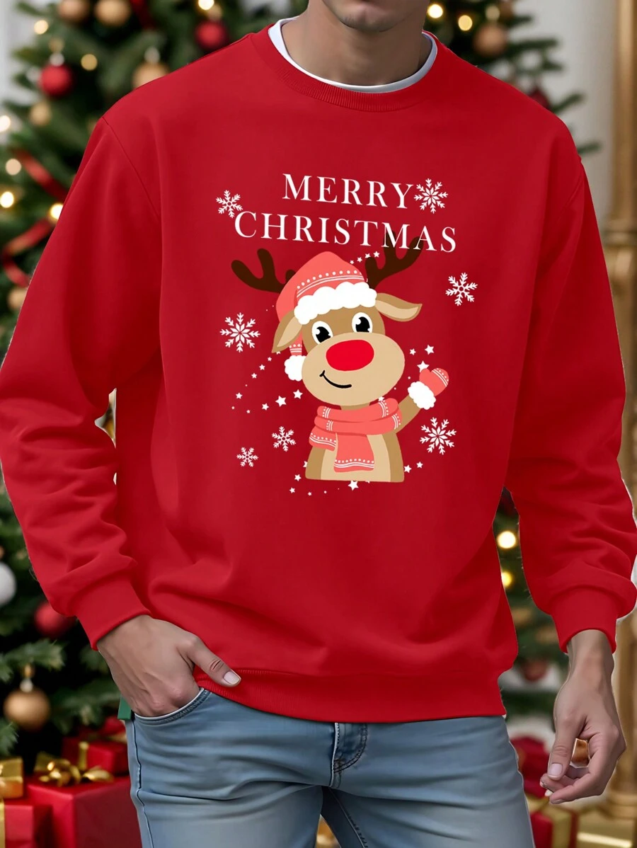 Manfinity Homme Manfinity Christmas Snowflake & Reindeer Family Print Crew Neck Standard Fit Casual Pullover Sweatshirt, Red - Red - View 1