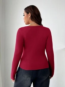 SHEIN EZwear 3pcs Plus Size Women Plain Color Knitted Button Half-Placket Long Sleeve Casual T-Shirts, Autumn/Winter
