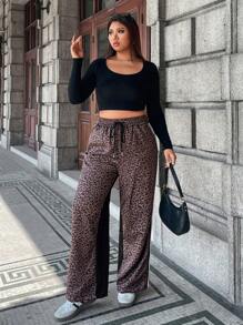 Calvaya Women's Plus Size Leopard Print Patchwork Solid Color Loose Fit Pants Fall Cloth For Women - Black - View 5