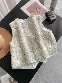 SHEIN LUNE 1 chiếc áo sơ mi vải tuýt không tay đính sequin dành cho nữ - Nhiều màu - Xem 2