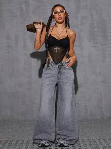 SHEIN EZwear Women's Loose Pocket Bowknot Decor Wide Leg Casual Jeans Pants