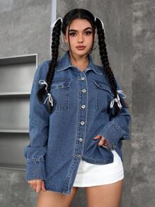 SHEIN PETITE Chaqueta vaquera casual suelta con lavado de agua, otoño
