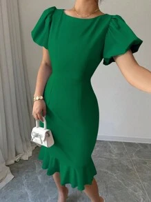 Selianne Elegant Solid Color Petal Sleeve With Ruffle Hem Bodycon Dress - Green - View 3