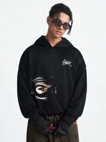 Manfinity NXTstreet Men's Letter & Figure Print Long Sleeve Hooded Sweatshirt, Autumn/Winter - Black - View 2