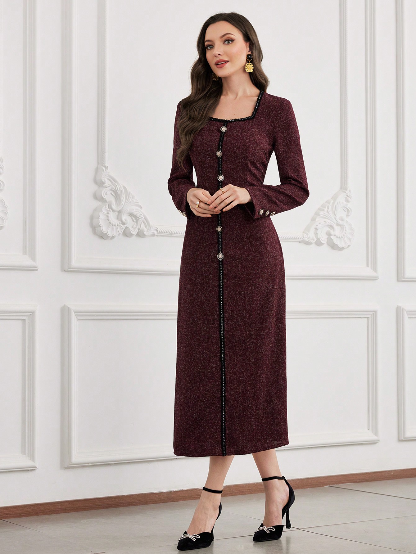 Modelyn فستان أنيق مزين بشريط محبوك، فستان نسائي ط...