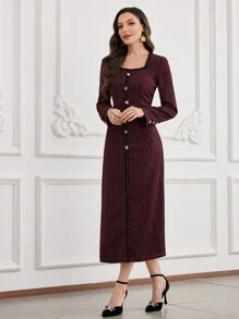 Modelyn 女士时尚优雅针织缎带装饰连衣裙，秋冬季勃艮第红长款女士装长款晚礼服 - 酒紅色 - 查看 8