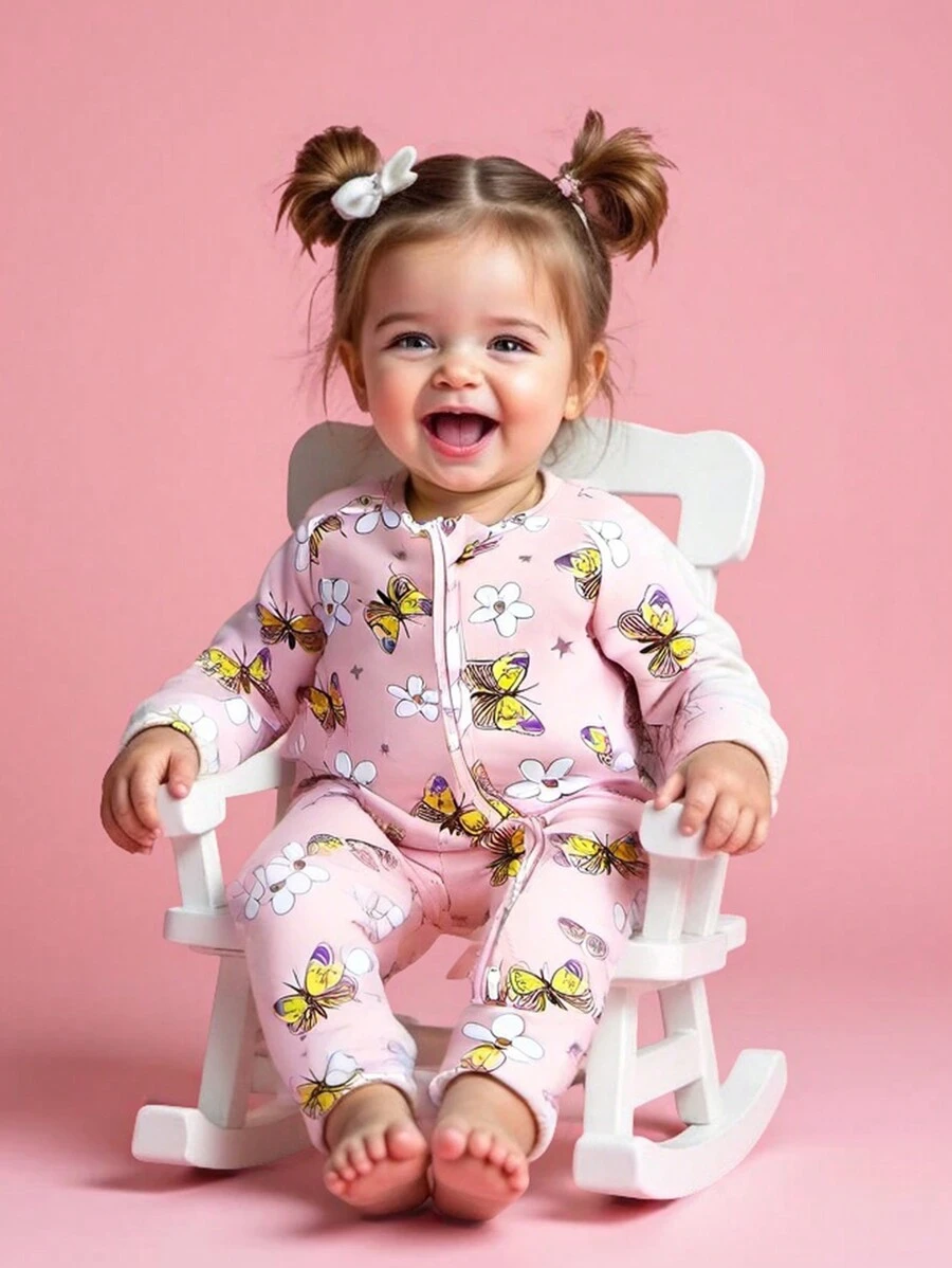 1 bộ đồ liền thân dài tay phía trước có khóa kéo đôi màu hồng nhạt cho bé gái mặc ở nhà - Hồng - Xem 1