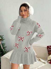 Flirla Christmas Warm And Comfortable Candy Cane Pattern Bell Sleeve Swing Hem Turtleneck Cute Women Sweater Dress - Light Grey - View 5