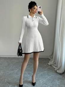 Elenzga 女式高腰 A 字形拼色边饰毛衣连衣裙