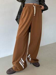 DAZY Contrast Color Drawstring Loose Wide Leg Pants, Women's Casual Sweatpants, Spring Women Joggers - Brown - View 6