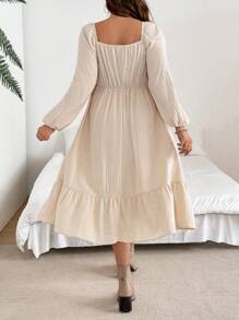 SHEIN VCAY Plus Size Rhinestone V-Neck Front Tie Long Sleeve Casual Dress - Apricot - View 2