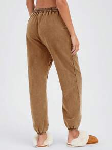 Easelle Distressed Wash Khaki Color Slim Fit Drawstring Waist Casual Sweatpants, Autumn/Winter - Khaki - View 2