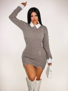 Zolique 女士圆领仿旧透明长袖毛衣连衣裙新年性感俱乐部节日派对服装女款 - 灰色 - 查看 5