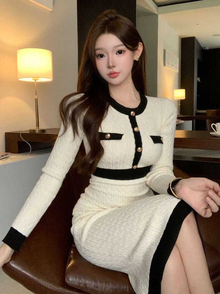 Two-Tone Round Neck Button-Accent Women Long Sleeve Sweater Dress,Fall Clothes