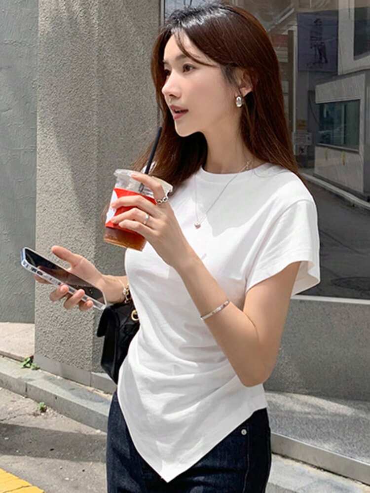 Women's Fitted Asymmetrical Hem Waist Slimming T-Shirt Summer