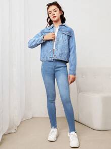 SHEIN Teen Girl Single Breasted Pockets Front Denim Jacket - Light Wash - View 6