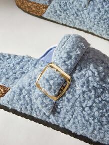 Solecia Women's Solid Color Splicing Metal Decorative Round Toe Fluffy Slippers - Blue - View 4