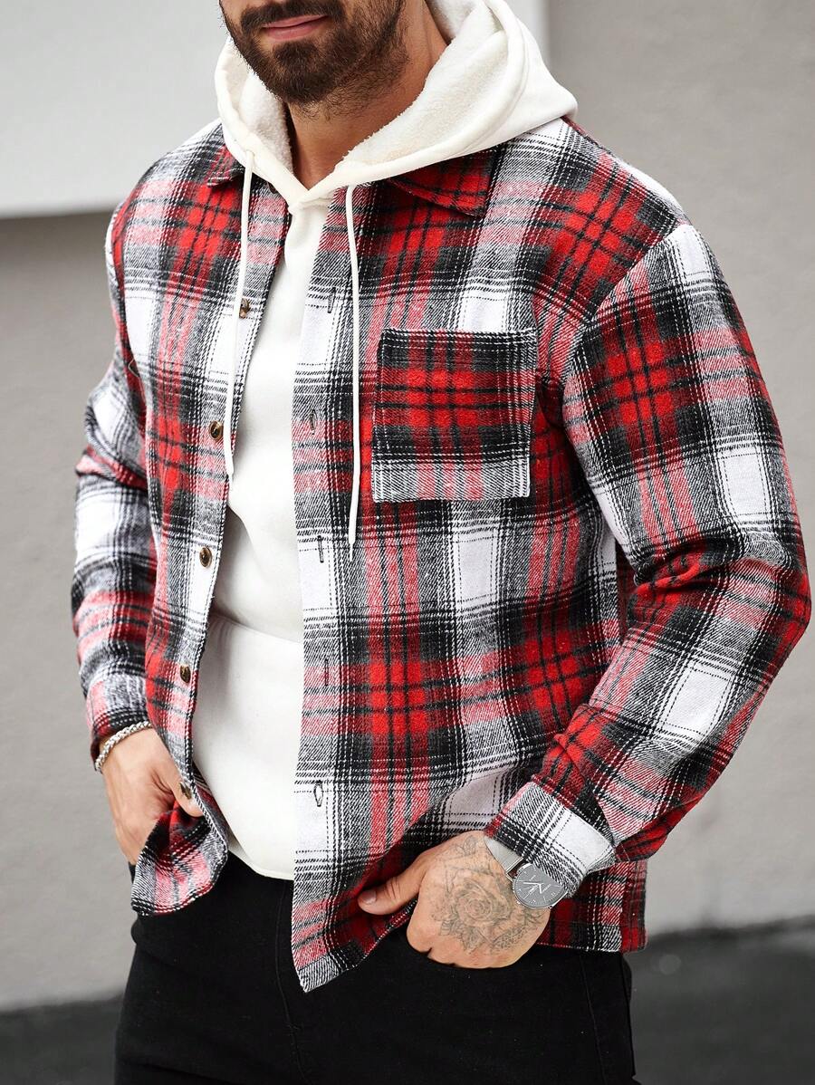 Manfinity Homme Chaqueta casual de manga larga con bolsillo y cierre de botones delantero a cuadros, diseño minimalista para hombre - Multicolor - Ver 1