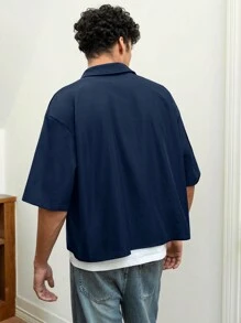 Manfinity VCAY Men's Casual Loose Woven Breathable Short Sleeve Shirt, Suitable For Young People - Navy Blue - View 2