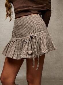 SHEIN BAE Women's Autumn Brown Herringbone Tied-Waist Pleated Hem Simple Houndstooth Mini Skirt