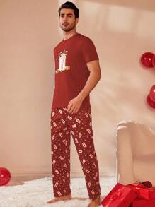 CoupledUp Valentine's Day Men's Pajama Set Short Sleeve Top & Long Pants - Red - View 3