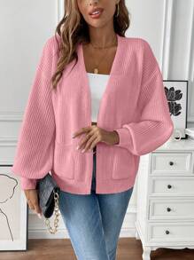 SHEIN LUNE 女士休闲纯色开衫，秋冬 - 粉色 - 查看 3