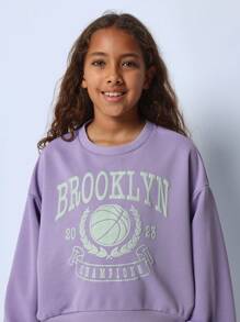 SUMWON Tween Girls Brooklyn Champions Sweatshirt Retro Collegiate Style Varsity Logo Basketball Collection Fall Winter Streetwear Everyday Sporty Design Relaxed Youth - Purple - View 4