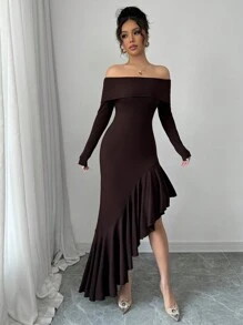 Elenzga Women's Off-Shoulder Asymmetrical Ruffle Hem Knit Elegant Dress - Coffee Brown - View 3