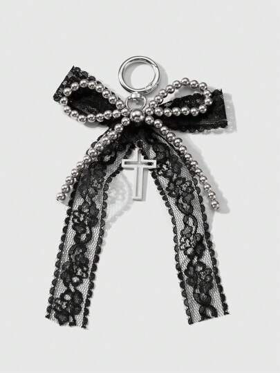 Kawaii 1pc Y2K Gothic-Style Handmade Beaded Silver CCB, Black Lace Net Mesh Bow, Hollow Cross Pendant Keychain Bag Charm, Suitable For Women/Girls Everyday Wear, Holiday Gift Valentines, Halloween