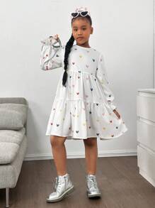 SHEIN Tween Girl Loose Casual Minimalist Comfortable Heart Print Round Neck A-Line Dress - White - View 6