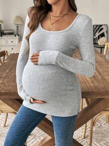 SHEIN Camiseta informal de punto de cuello redondo y manga larga de unicolor para maternidad, otoño