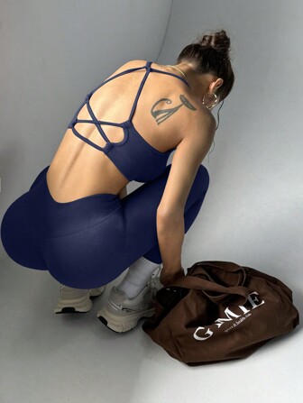 Slayform Women's Plain Open Back Halter Top & Leggings Sports Suit Workout Women Set Women Leggings Set