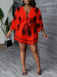 Slaydiva Bộ đồ liền thân in họa tiết rộng rãi cổ chữ V thắt eo thoải mái cho ngày lễ cỡ lớn dành cho nữ - Đỏ - Xem 4