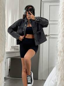 EURMUSE CASUAL BIG POCKET FRAYED HEM DENIM JACKET - Grey - View 5