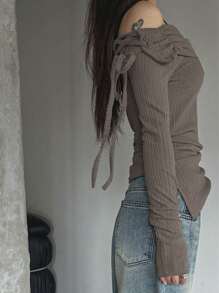 DAZY Áo thun nữ dài tay, kiểu trễ vai, thắt eo, ôm sát, thích hợp mặc mùa thu. - Màu Khaki - Xem 5