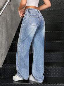 SHEIN 少女 Y2K 时尚纯色复古水洗宽松直筒牛仔裤，秋季服装返校街头服饰 - 淺色水洗藍 - 查看 2