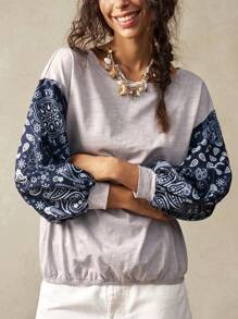 Bohemela 女士休闲针织拼布圆领 3/4 袖宽松 T 恤 - 灰色 - 查看 8